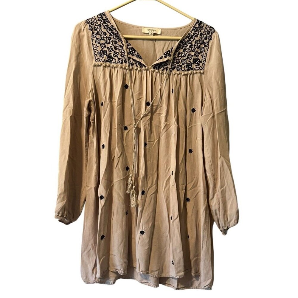 Umgee Long Sleeve Tie Neck Tassel Tunic Top Mini Dress Size Medium Boho Peasant